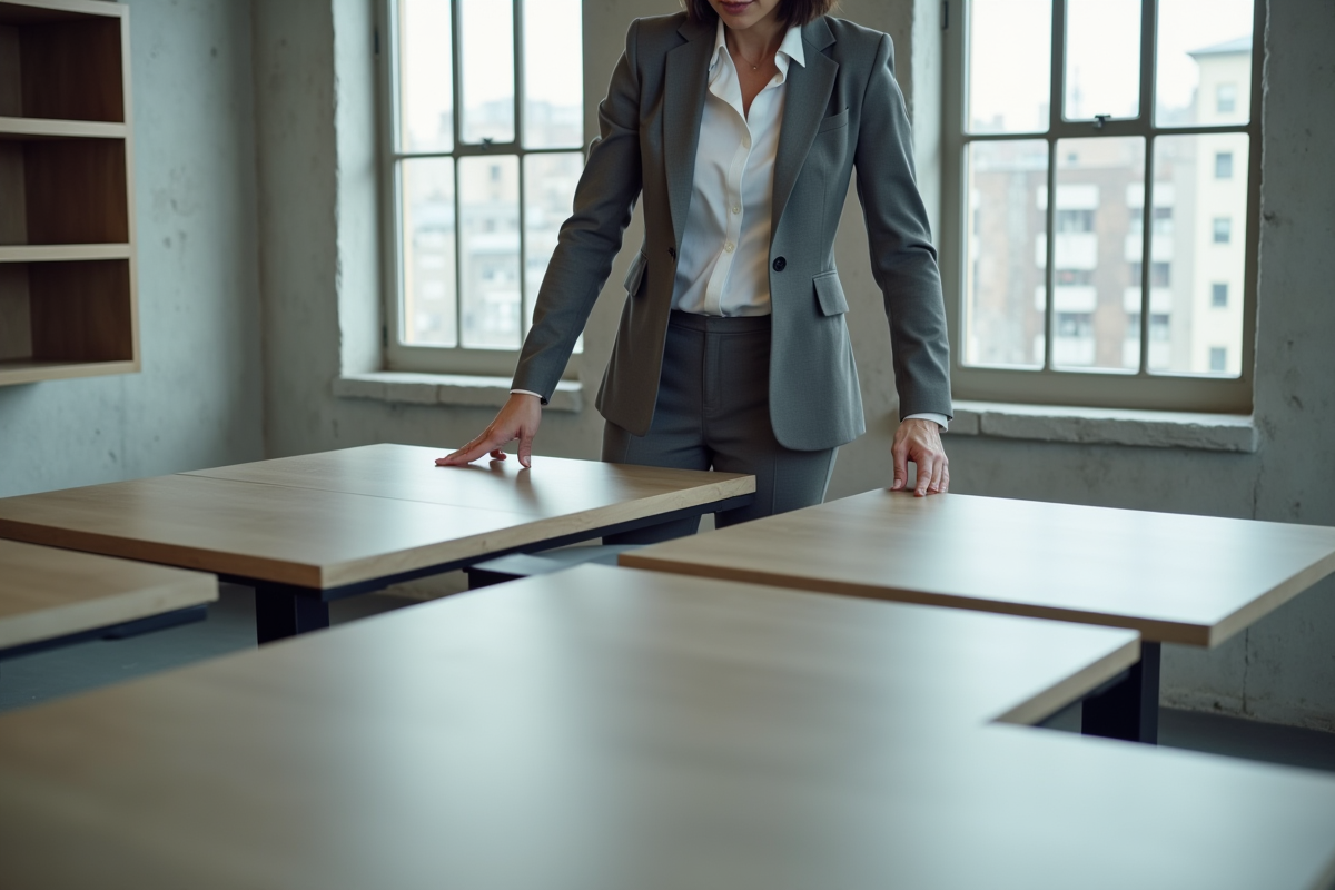 Femme d affaires ajustant une table modulaire dans un bureau