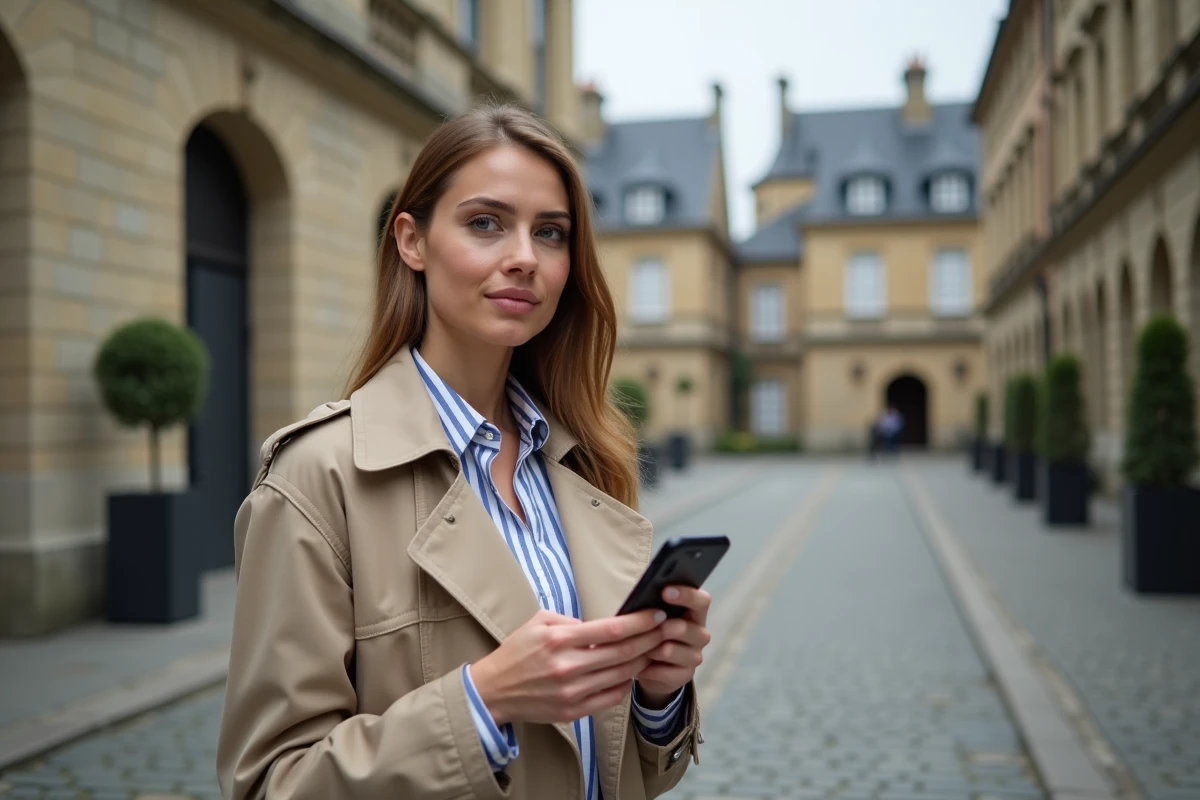 Jeune femme française consultant le résultat d'un quiz Force Républicaine sur smartphone devant un bâtiment municipal en 2026
