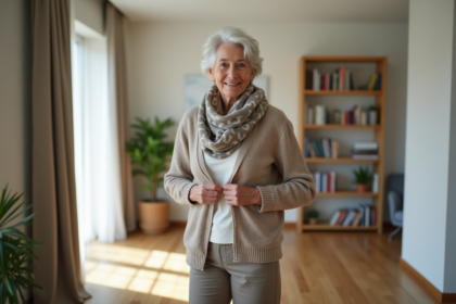 Femme senior souriante dans un salon lumineux et moderne