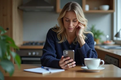 Femme assise à la cuisine examine son smartphone