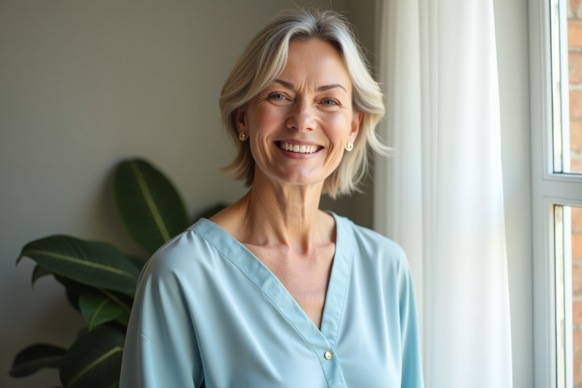 Femme souriante à la peau saine près d'une fenêtre lumineuse