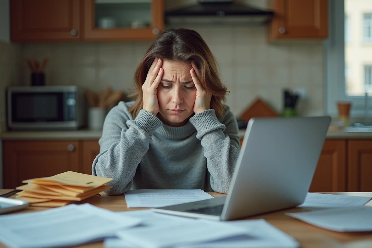 Femme stressée face à des courriers d'huissier sur une table de cuisine, cherchant des recours gratuits contre le harcèlement