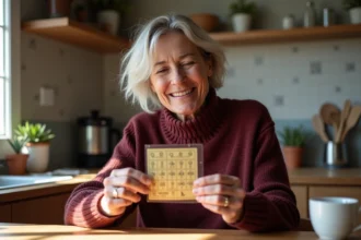 Femme souriante qui gratte un ticket de loterie FDJ à la maison, anticipant un gain