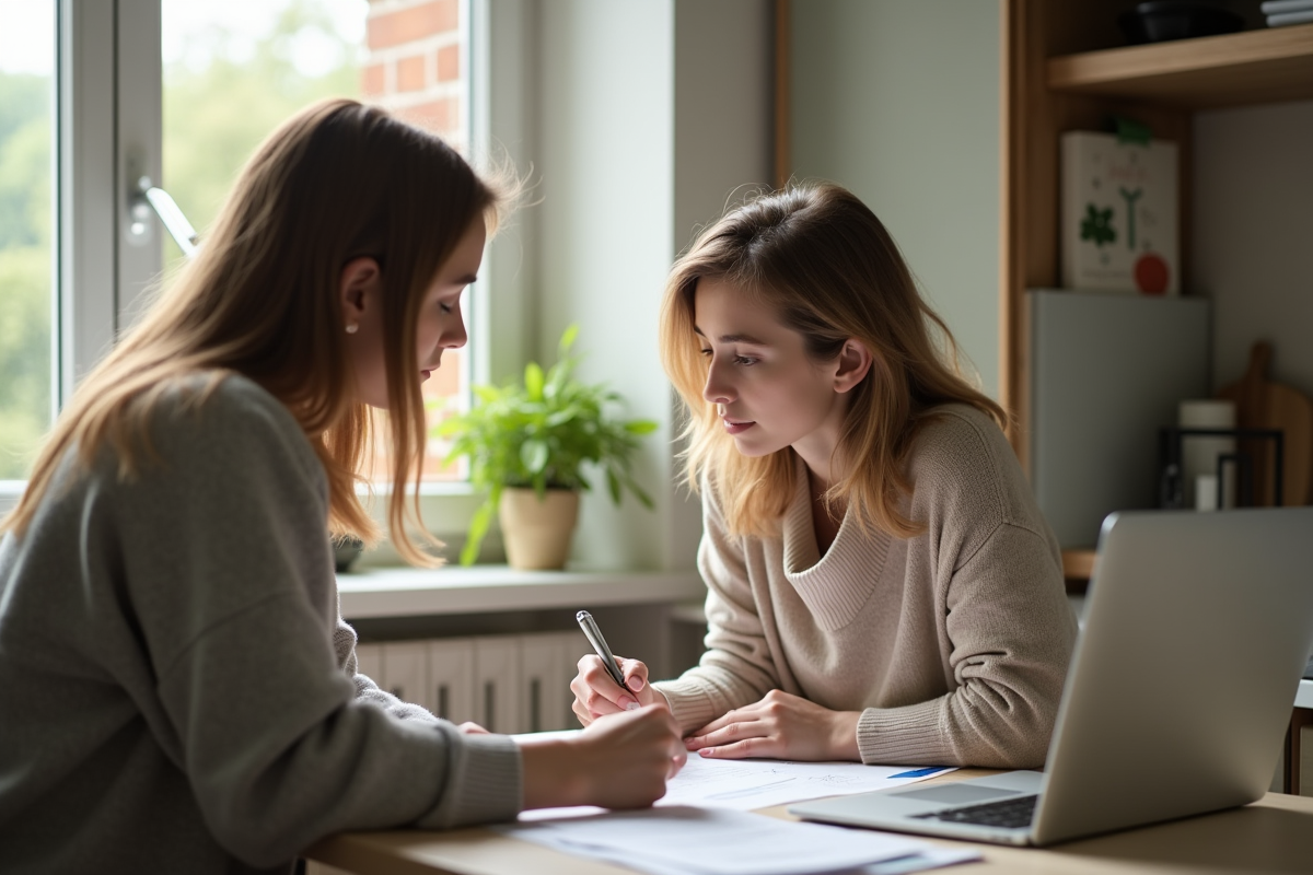 Femme examinant des documents à la cuisine avec amie