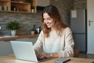 Jeune femme souriante travaillant sur un ordinateur dans la cuisine