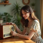Jeune femme en robe vintage et radio rétro dans un intérieur cosy