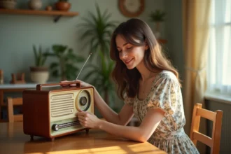 Jeune femme en robe vintage et radio rétro dans un intérieur cosy