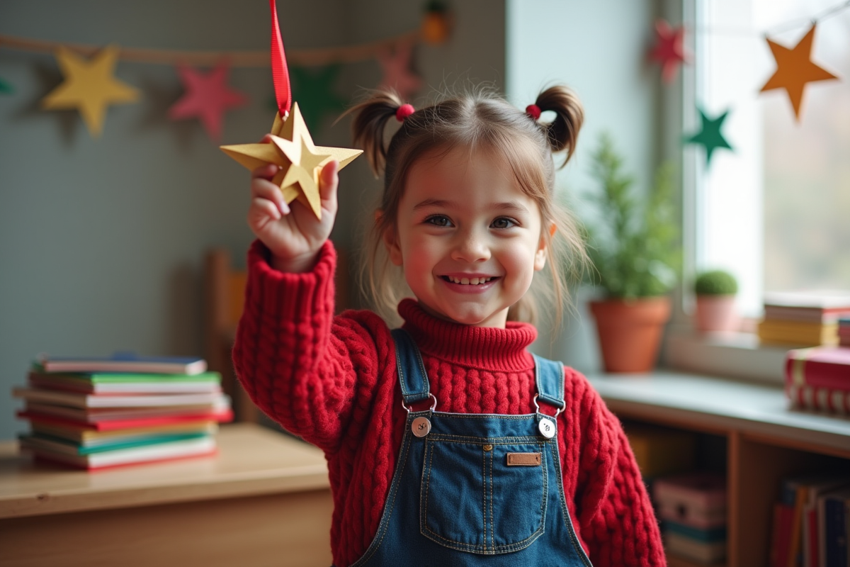 Jeune fille fiere avec une decoration de Noël en papier