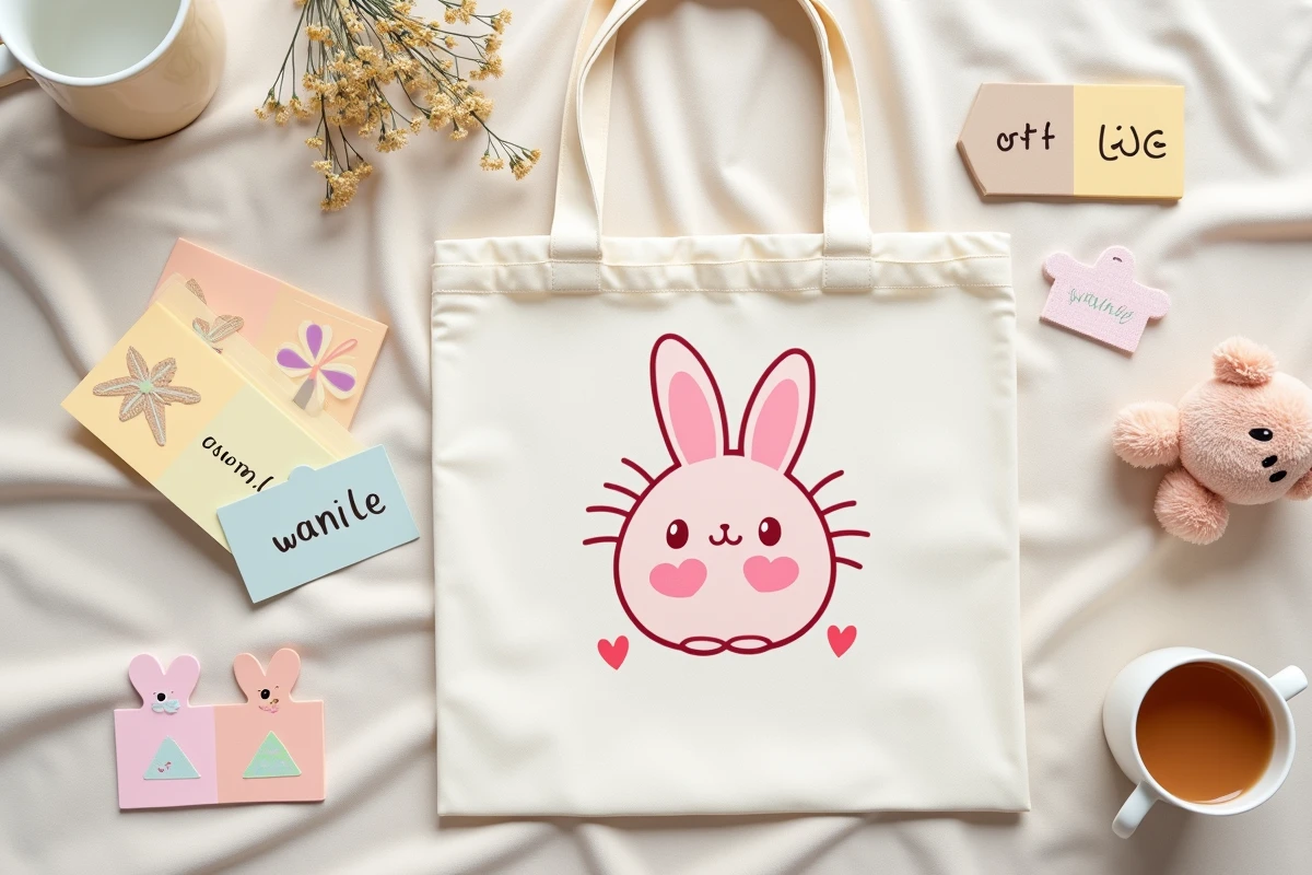 Flat lay de cadeaux kawaii personnalisés incluant sac illustré, breloques gravées et peluche brodée sur tissu lin crème