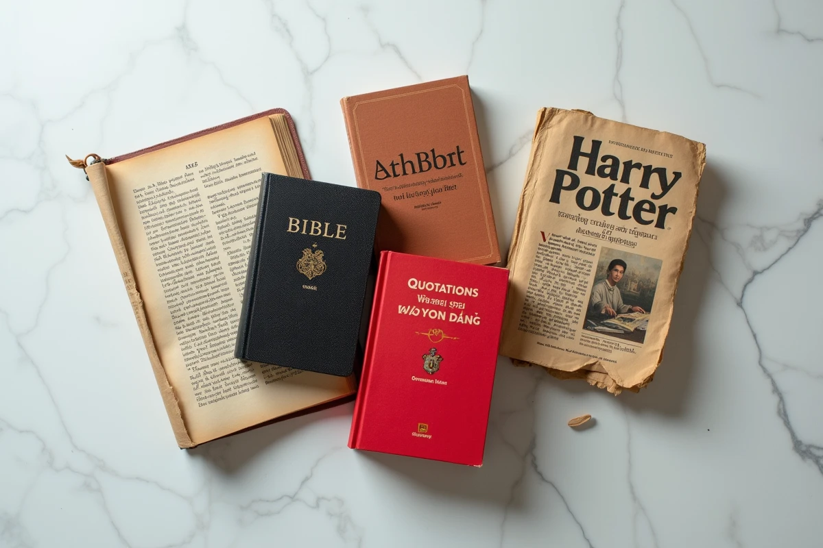 Vue aérienne de cinq livres les plus vendus ou distribués au monde disposés sur une surface en marbre blanc, comparaison éditoriale des ouvrages les plus populaires