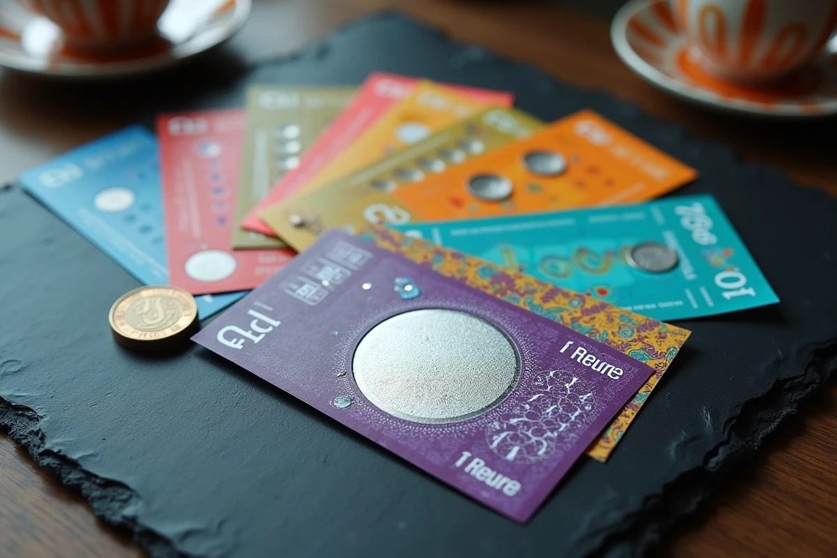 Vue de dessus de tickets à gratter FDJ colorés sur une surface en ardoise avec une pièce d'euro