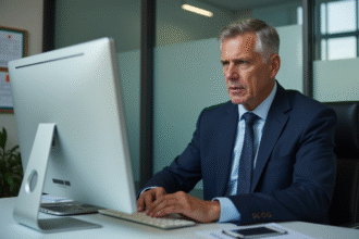 Homme fonctionnaire en costume lisant un email au bureau