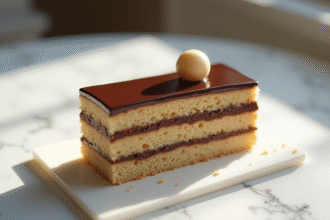 Gâteau opera élégant sur table en marbre blanc