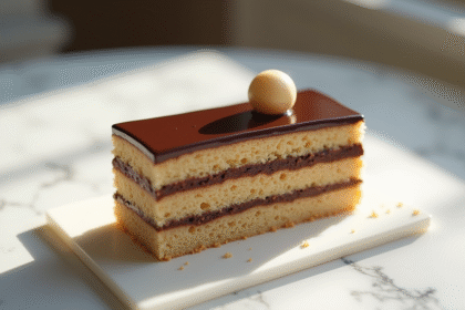 Gâteau opera élégant sur table en marbre blanc