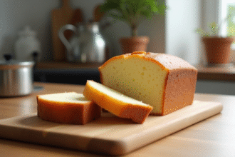 Gâteau sponge nature simple tranché sur une table en bois