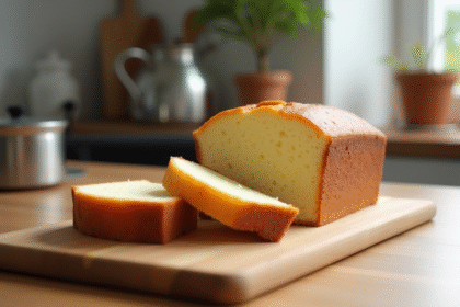 Gâteau sponge nature simple tranché sur une table en bois