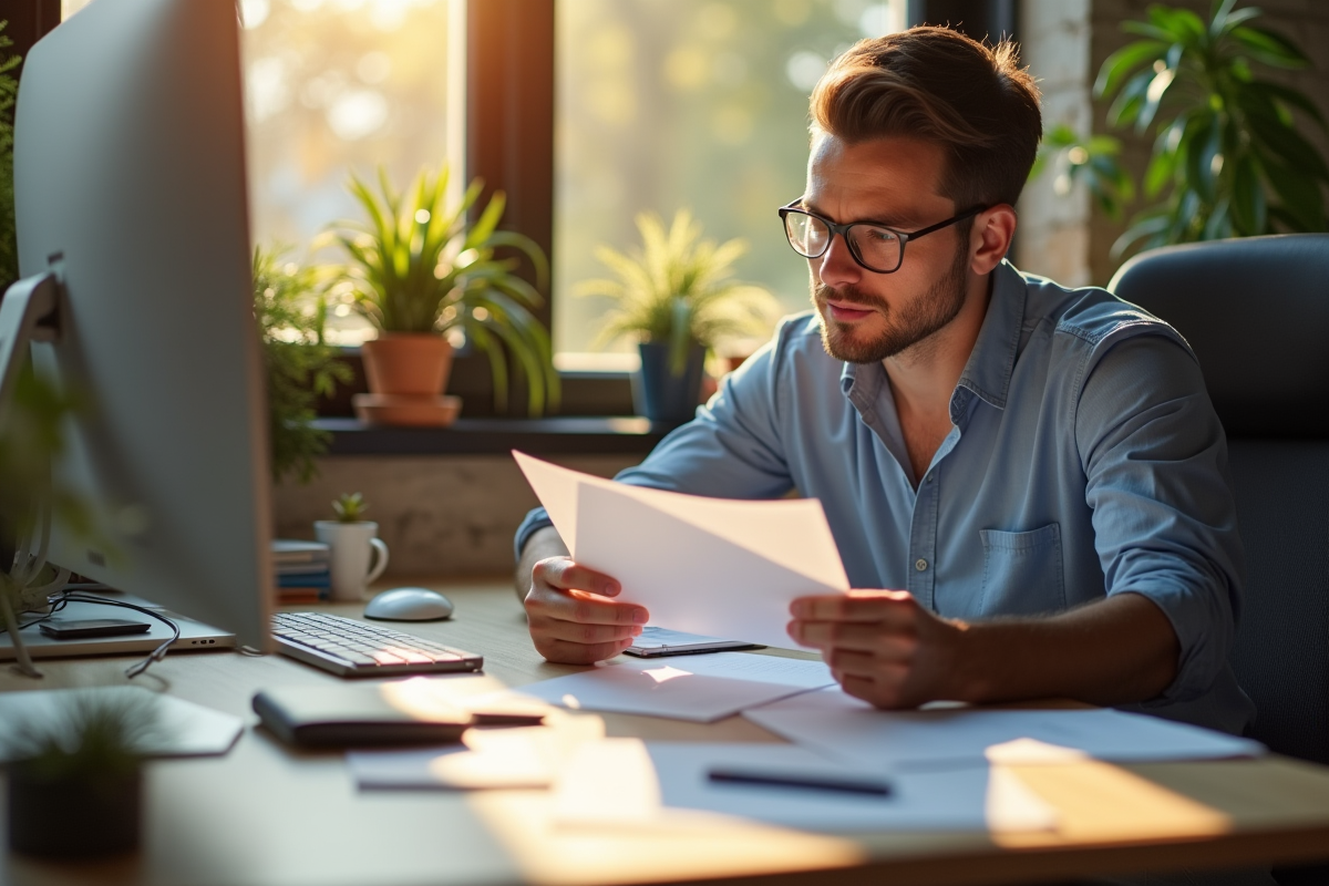 Gestionnaire d office vérifiant des papiers dans un espace lumineux