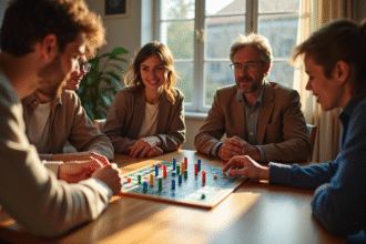 Groupe d'adultes jouant à Mastermind autour d'une table ensoleillée