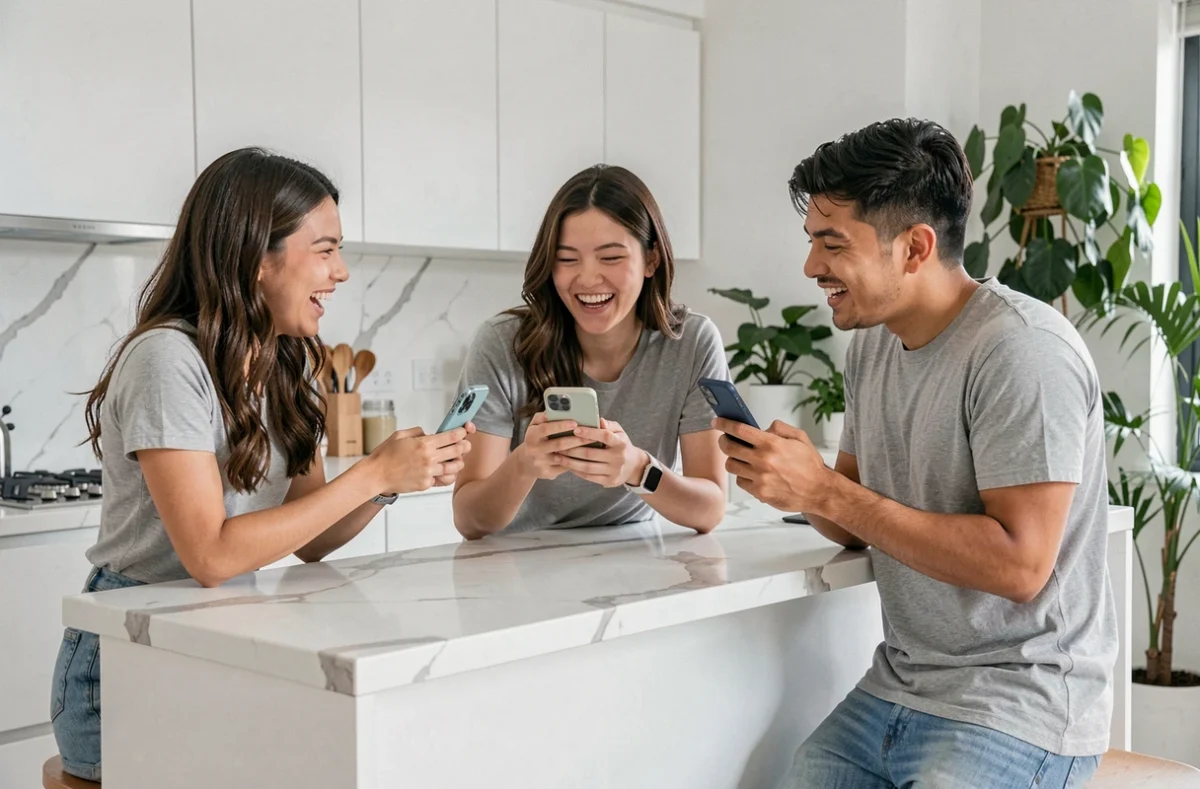 Groupe de trois amis comparant leurs listes d'animés sur smartphones dans une cuisine moderne