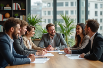 Groupe de six personnes souriantes dans un bureau moderne