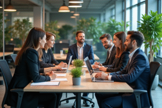 Groupe de professionnels discutant autour d'un bureau moderne