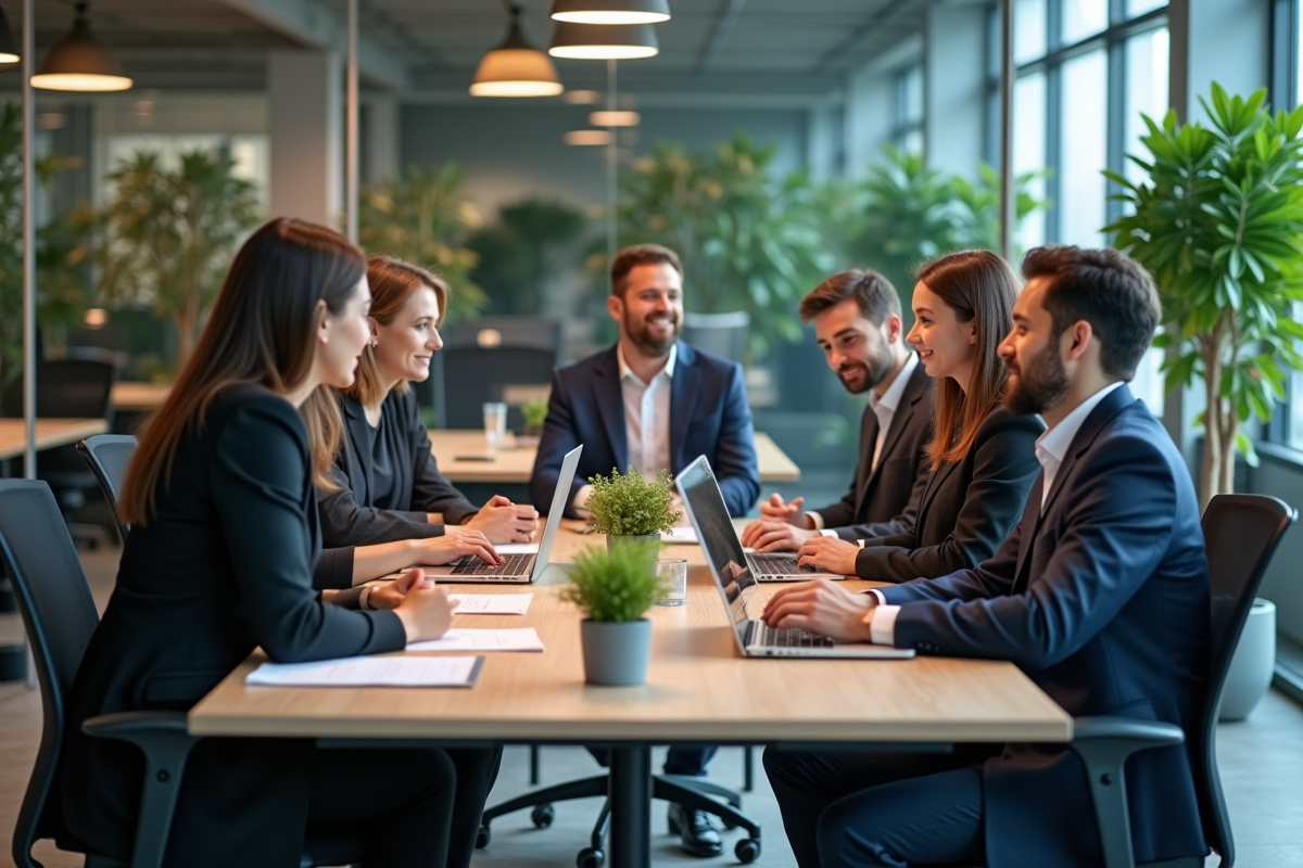 Groupe de professionnels discutant autour d'un bureau moderne