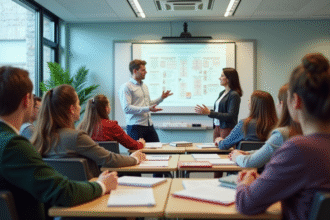 Groupe de jeunes apprenants en classe moderne attentive