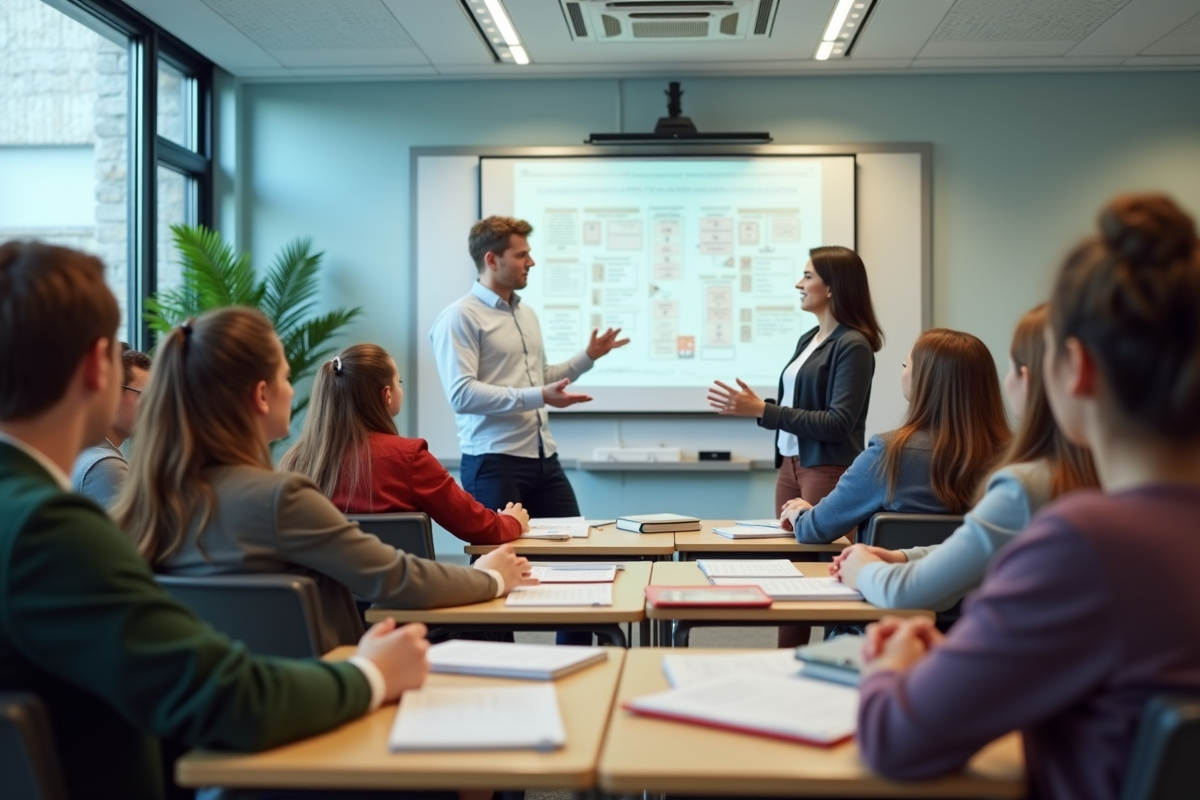 Groupe de jeunes apprenants en classe moderne attentive