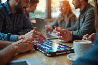 Groupe de personnes utilisant un smartphone dans un café lumineux