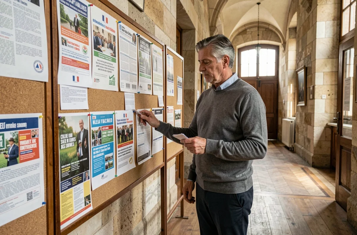 Homme adulte analysant des affiches politiques républicaines dans le hall d'une mairie française