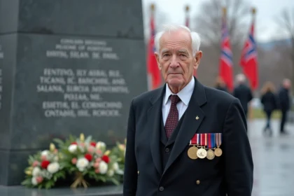 Homme âgé norvegien en costume sombre devant le monument national