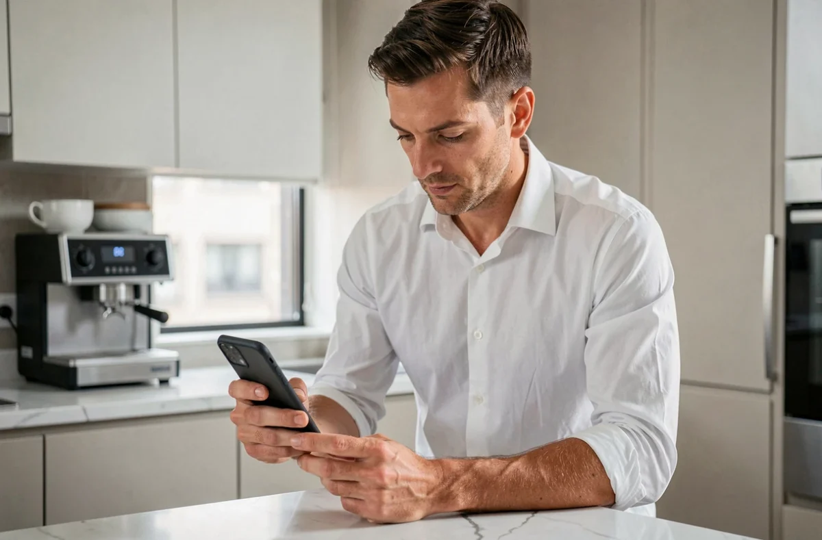 Homme consultant prudemment une application de jeu en ligne sur smartphone dans une cuisine moderne