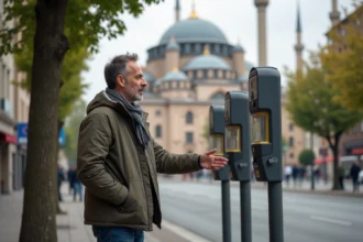 Homme d'âge moyen consulte un parcmètre à Strasbourg