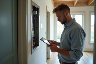Homme d'âge moyen étudie une tablette près d'un panneau électrique