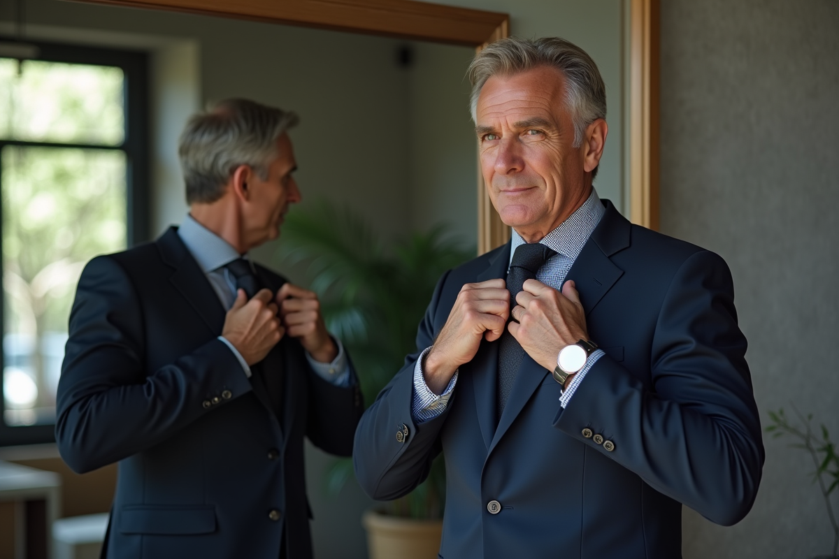 Homme en costume ajusté se coiffant devant un miroir moderne