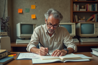 Homme d'âge moyen esquissant des icônes de fenêtres sur un bureau vintage