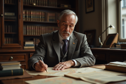 Homme d'âge moyen en costume tweed étudiant un document juridique