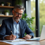 Homme confiant en bureau moderne avec graphiques financiers