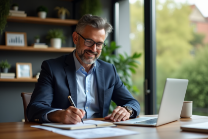 Homme confiant en bureau moderne avec graphiques financiers