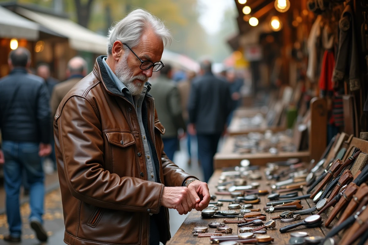 Homme âgé cherchant une montre dans un marché aux puces animé
