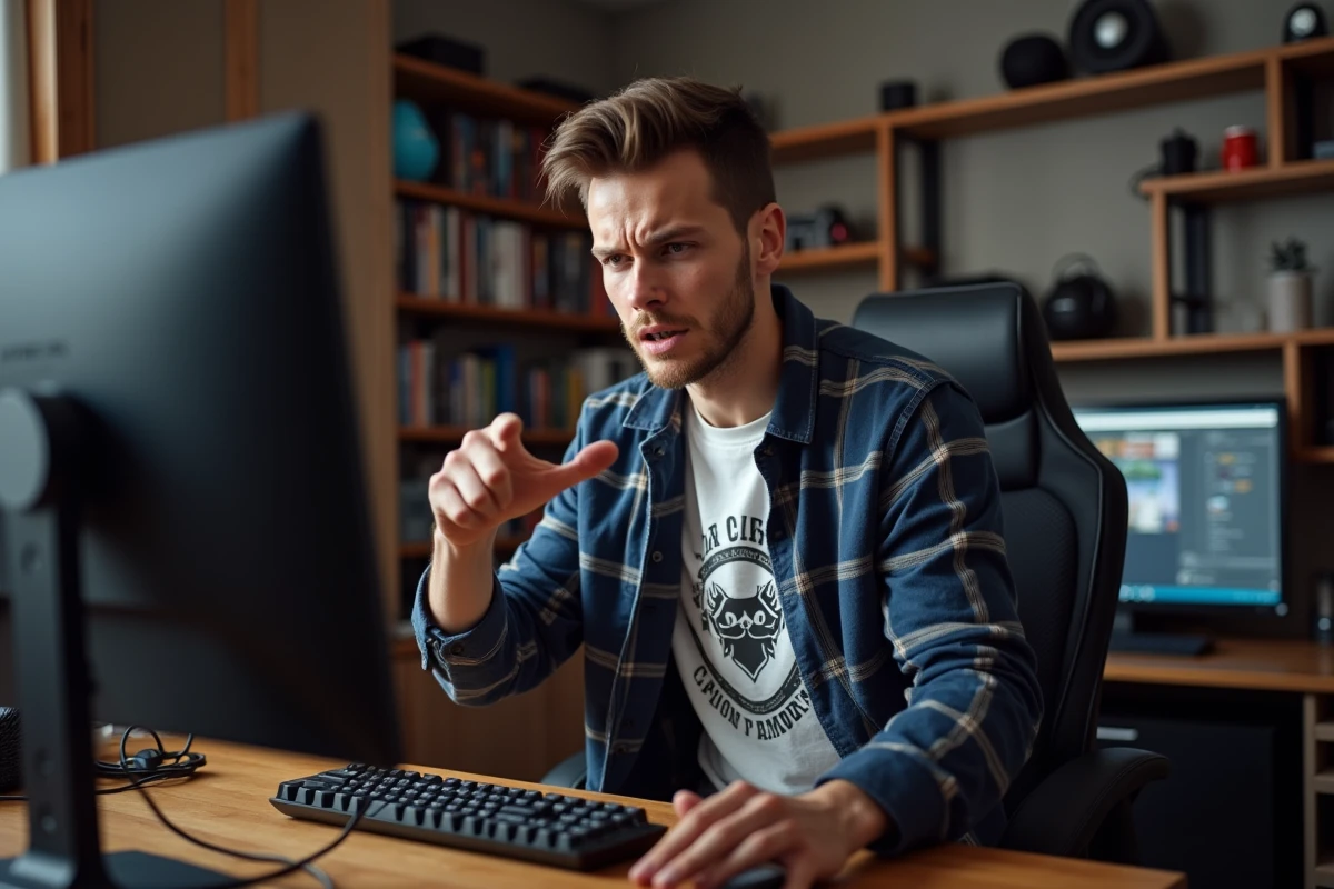 Jeune homme frustré devant un ordinateur dans un bureau gaming