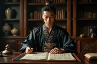 Homme en hanfu traditionnel lisant des parchemins anciens dans une salle d'étude asiatique – illustration manhwa invincible impératrice