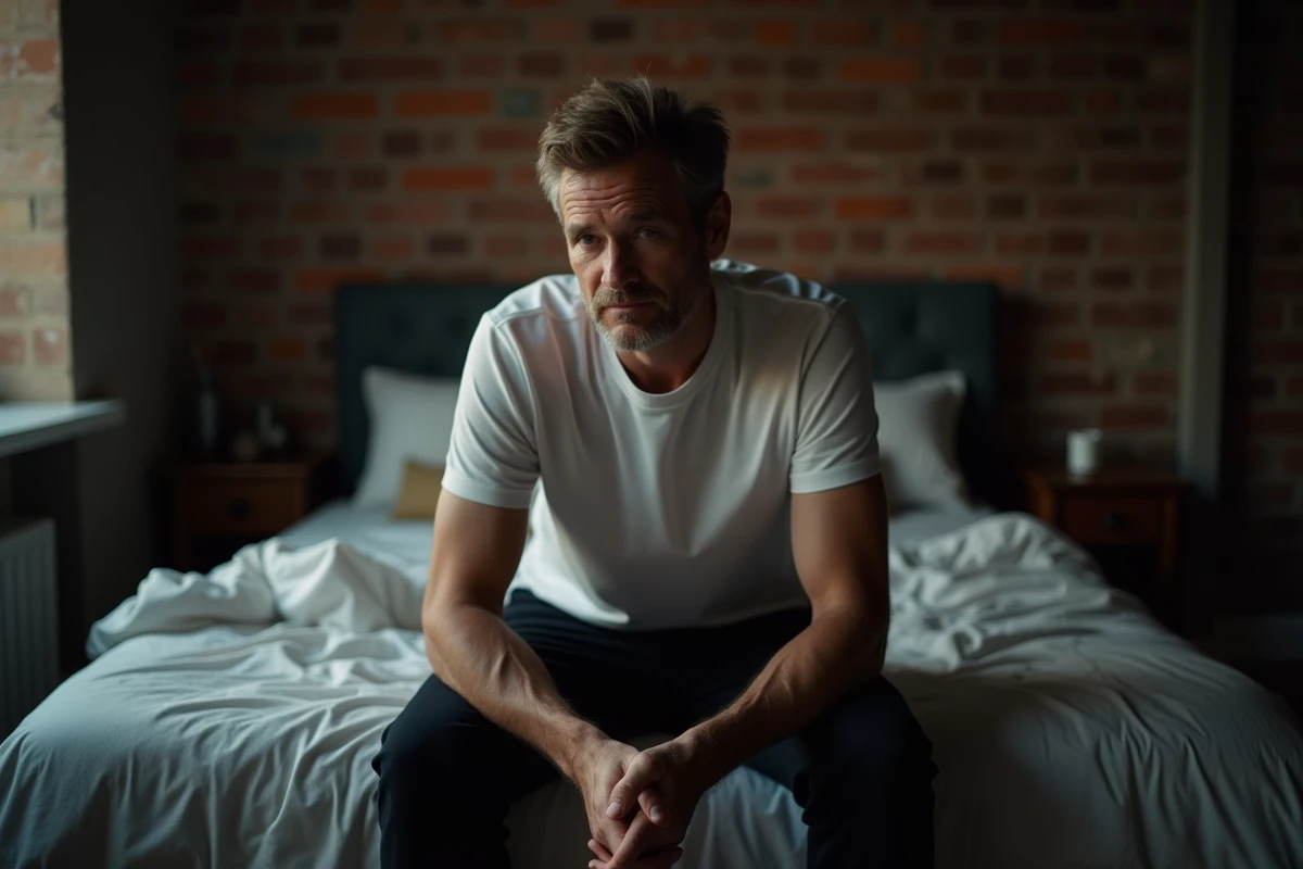 Homme introspectif assis seul au bord d'un lit dans une chambre sobre, illustrant la réflexion personnelle et le questionnement dans une relation intime