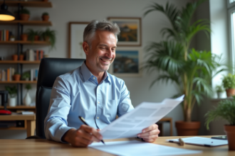 Homme d'âge moyen analysant des rapports immobiliers