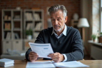 Homme d'âge moyen examinant des factures de rénovation à domicile