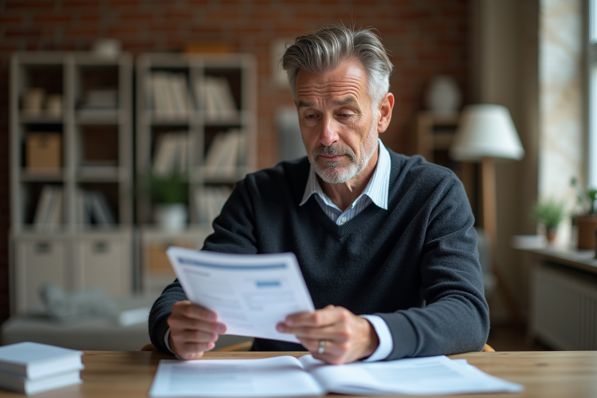 Homme d'âge moyen examinant des factures de rénovation à domicile