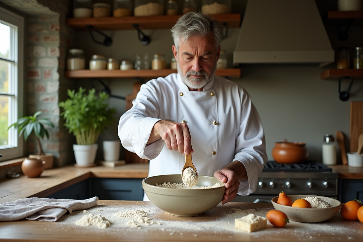 Homme en veste de chef mesurant farine de pois chiche dans la cuisine