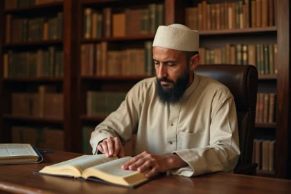 Homme maghrebin lisant le Quran dans un bureau