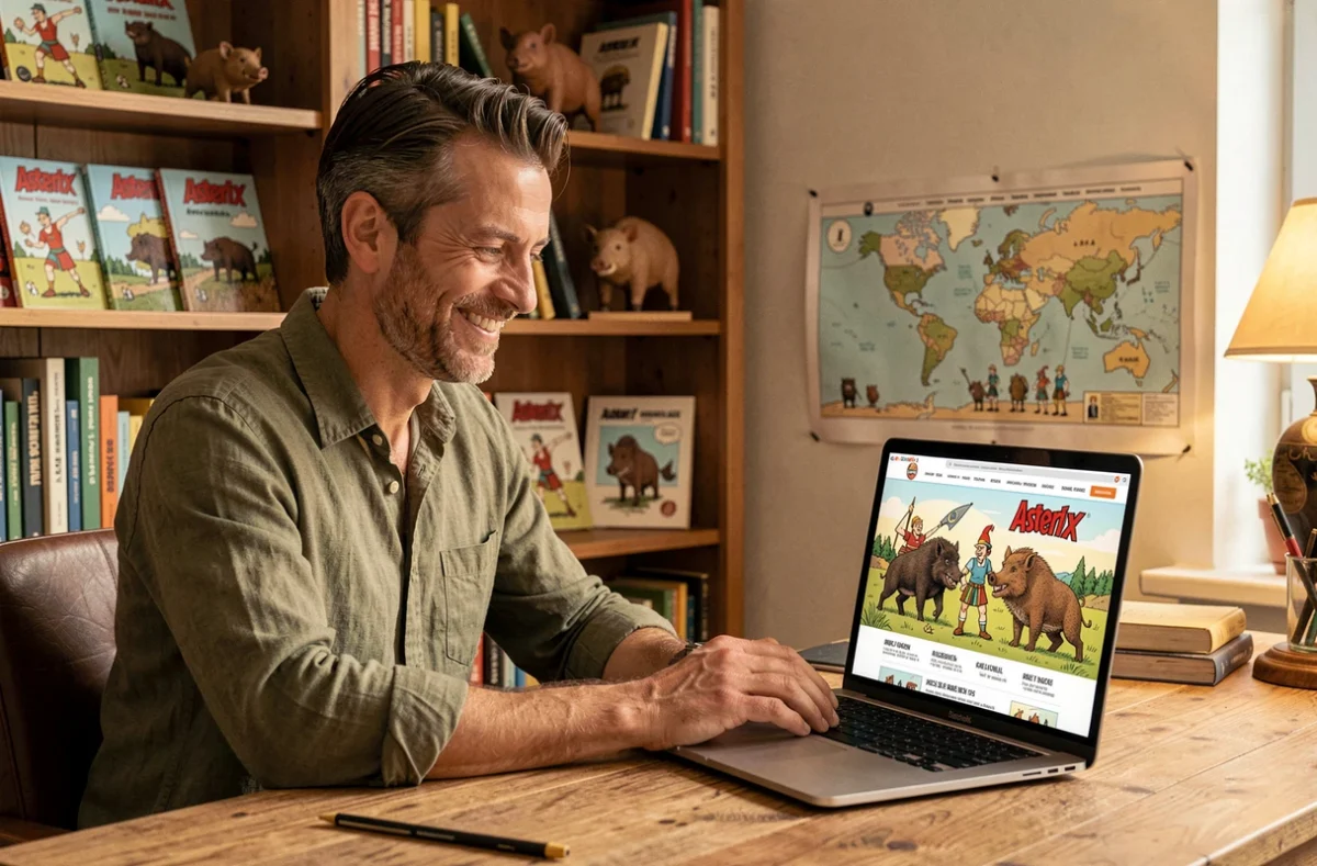 Homme français consultant le site Sanglier Danger inspiré d'Astérix sur son ordinateur portable dans un bureau décoré de figurines de sangliers