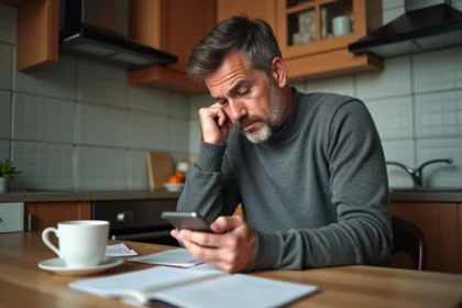 Homme d'âge moyen dans une cuisine moderne avec smartphone